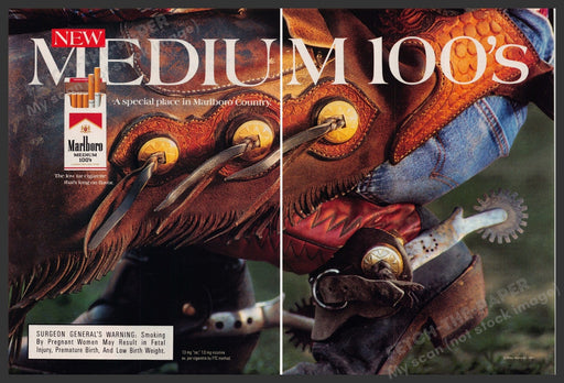 Marlboro Medium 100's 1990s Print Advertisement (2 Page) 1992 Cowboy Squatting Fetch-the-Paper