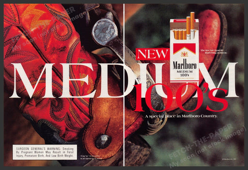 Marlboro Mediums Cigarettes 1990s Print Advertisement (2 Page) Ad 1992 Red Boots Fetch-the-Paper