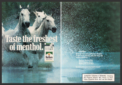 Marlboro Menthol 1980s Magazine Print Ad (2 pgs) 1989 White Horses Running Water Marlboro Menthol