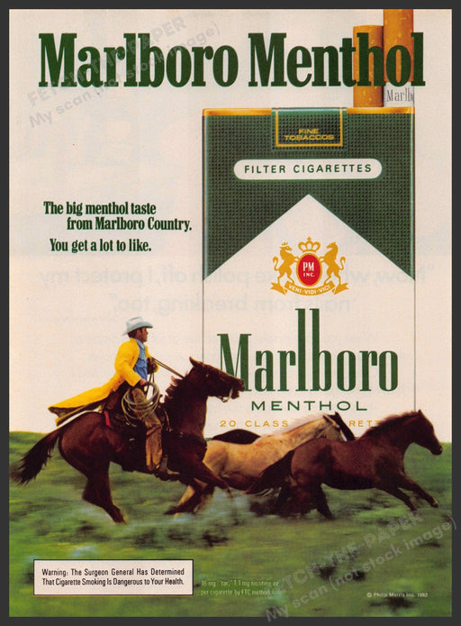 Marlboro Menthol Cigarettes 1980s Print Advertisement 1983 Chasing Horses Fetch-the-Paper