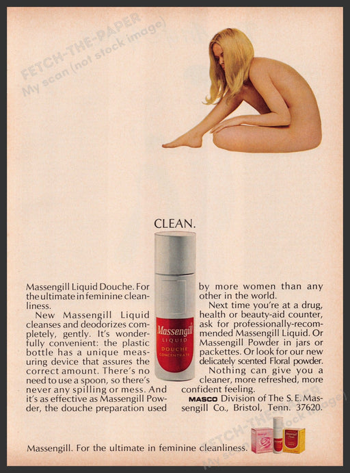 Massengill Douche 1960s Print Advertisement Ad 1969 Bare Body Girl Fetch the Paper!