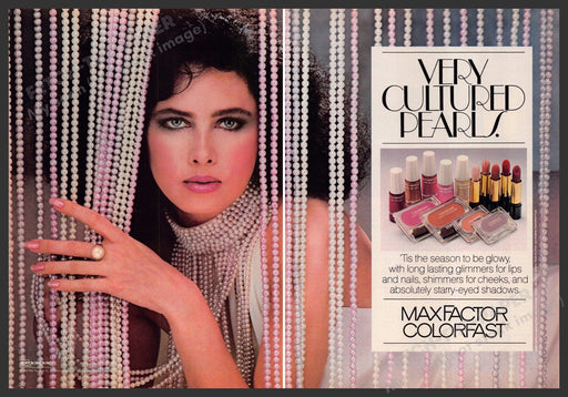 Max Factor Colorfast 1980s Print Advertisement (2 page) 1982 Cultured Pearls Fetch-the-Paper