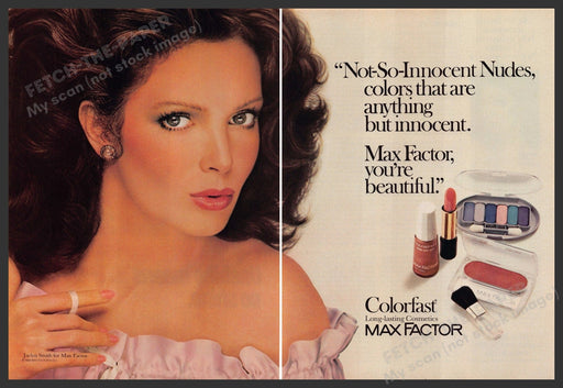 Max Factor Cosmetic 1980s Print Advertisement (2pg centerfold) 1984 Jaclyn Smith Fetch-the-Paper