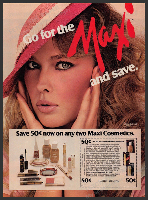 Max Factor Maxi Cosmetics 1980s Print Advertisement 1981 Fetch-the-Paper