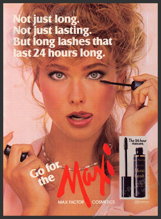 Max Factor Maxi-Lash 1980s Print Advertisement 1982 Tongue Out Fetch-the-Paper