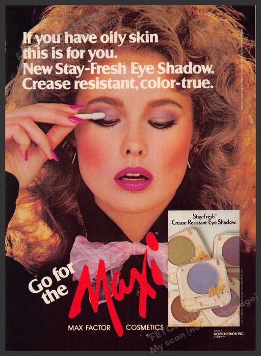 Max Factor Stay-Fresh 1980s Print Advertisement 1982 Eye Shadow Big Hair Fetch-the-Paper