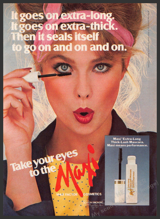 Max Factor Thick & Long Mascara 1980s Print Advertisement 1982 Oooh Lips Fetch-the-Paper