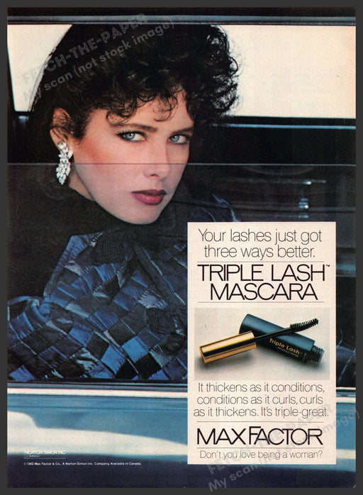 Max Factor Triple Lash Mascara 1980s Print Advertisement 1982 Car Window Fetch-the-Paper
