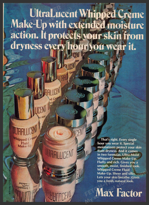 Max Factor UltraLucent 1970s Print Advertisement 1976 Whipped Creme Make-up Fetch-the-Paper