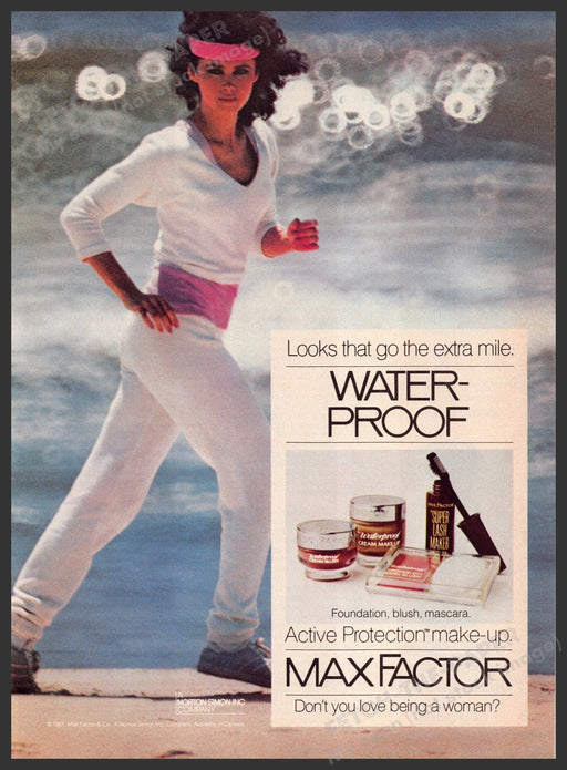Max Factor Water-proof 1980s Print Advertisement 1982 Active Protection Running Max Factor