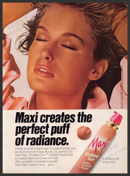 Maxi Endless Sun 1980s Print Advertisement 1986 Face "Perfect puff of radiance" Maxi