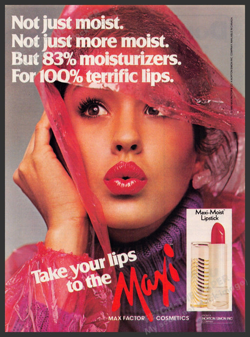 Maxi-Moist Lipstick 1980s Print Advertisement 1981 Ooooh Lips Fetch-the-Paper