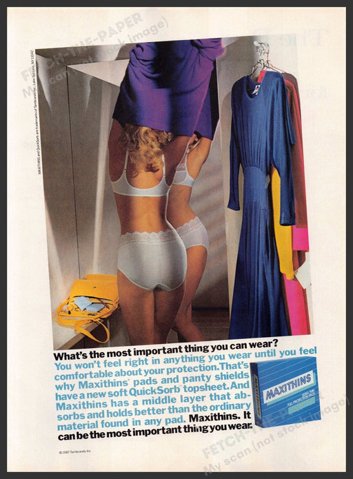 Maxithins 1980s Print Advertisement Ad 1987 Girl Changing Room Fetch-the-Paper