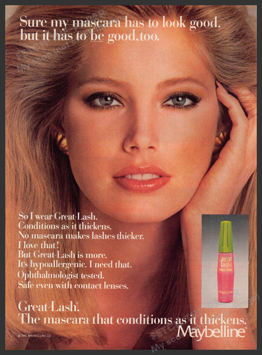 Maybelline 1980s Magazine Print Advertisement 1981 Great Lash Eyes Beauty Fetch-the-Paper