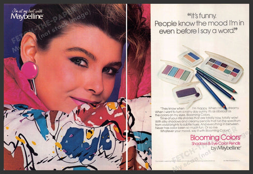 Maybelline 1980s Print Advertisement (2 pg) 1986 Blooming Colors Fetch-the-Paper
