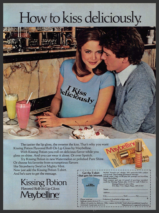 Maybelline Kissing Potion 1980s Print Advertisement 1981 "I kiss deliciously" Maybelline