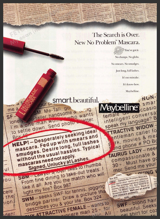 Maybelline Mascara 1990s Print Advertisement 1990 Newspaper Want Ad Fetch-the-Paper