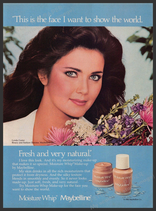 Maybelline Moisture Whip 1980s Print Advertisement 1985 Lynda Carter Face Fetch-the-Paper