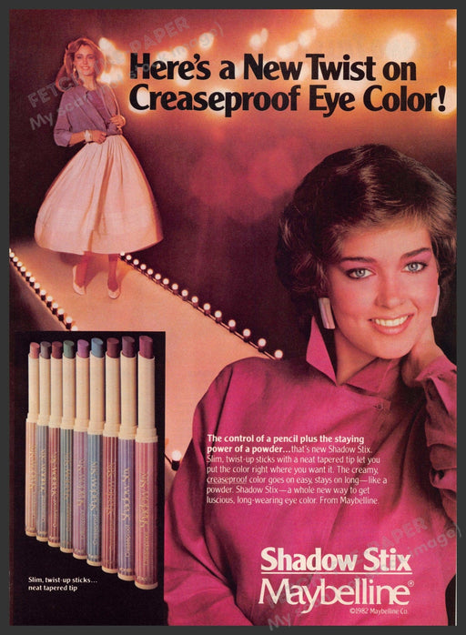 Maybelline Shadow Stix 1980s Print Advertisement 1982 Runway Fetch-the-Paper