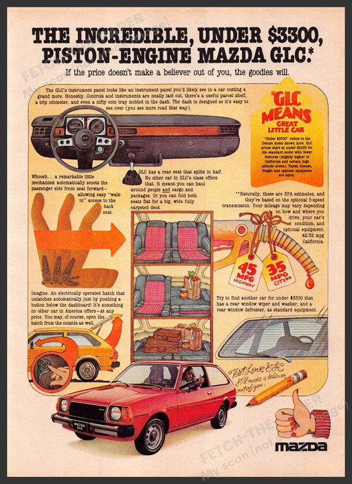 Mazda GLC 1970s Print Advertisement 1977 "Great Little Car" Goodies Fetch-the-Paper
