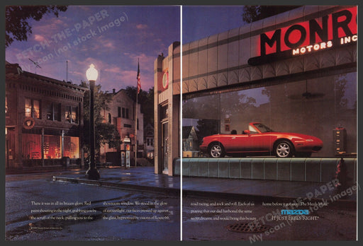 Mazda Miata Car 1990s Print Advertisement (2 Pg) 1990 Red Showroom Fetch-the-Paper