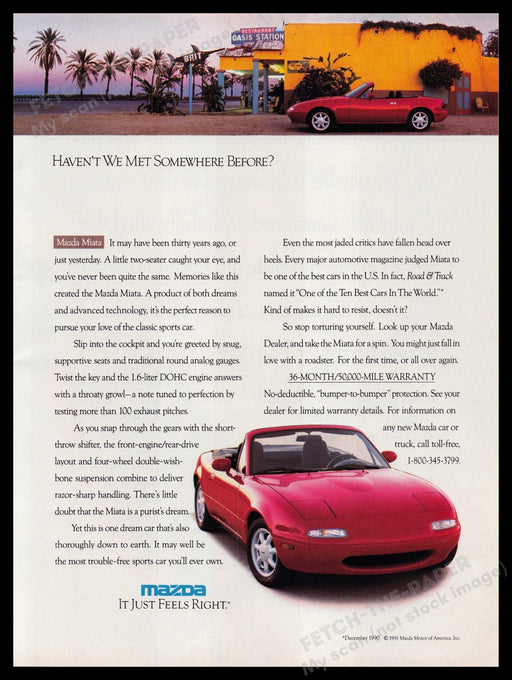 Mazda Miata Car 1990s Print Advertisement Ad 1991 "It just feels right" Fetch-the-Paper