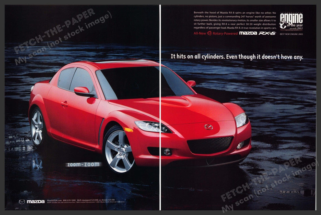 Mazda RX-8 Car 2000s Print Ad (2 page) 2003 Red Front Facing Fetch-the-Paper