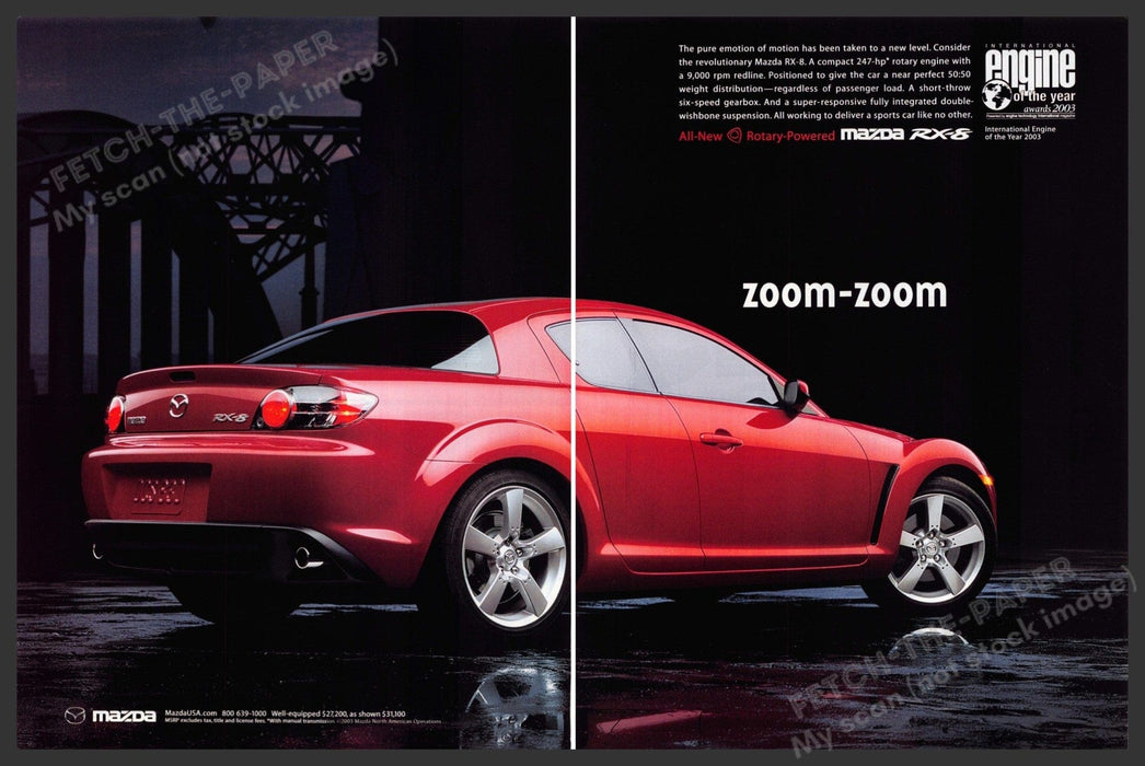 Mazda RX-8 Car 2000s Print Ad (2 page) 2003 Red Zoom-Zoom Fetch-the-Paper