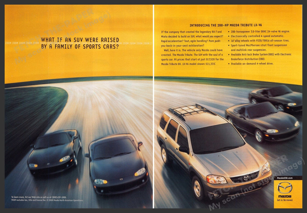 Mazda Tribute LXZ-V6 SUV 2000s Print Advertisement (2 Page) Ad 2000 Fetch-the-Paper