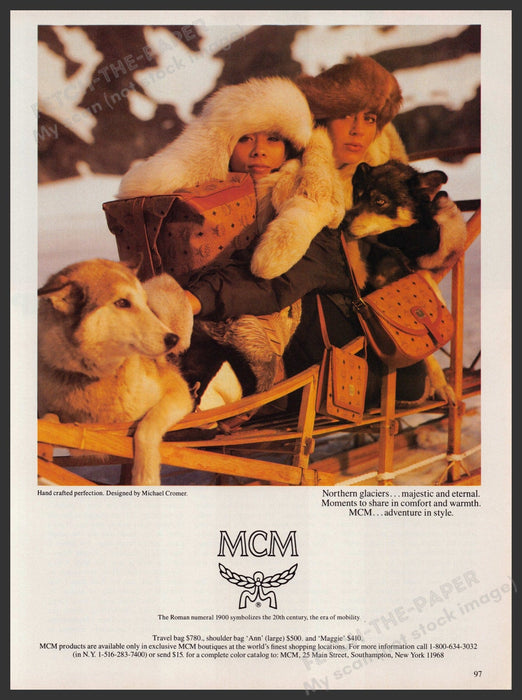 MCM Handbags 1980s Print Advertisement Ad 1988 Husky Dog Sled Fetch-the-Paper