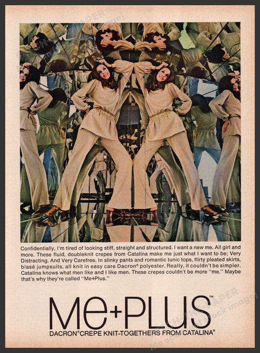 Me+Plus Catalina Dacron Crepe Clothing 1960s Print Advertisement Ad 1969 Fetch the Paper!