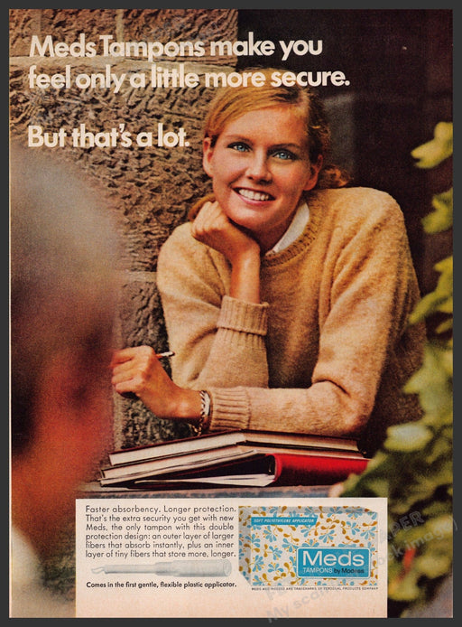 Meds Tampons 1960s Print Advertisement Ad 1969 "Feel only a little more secure" Fetch the Paper!