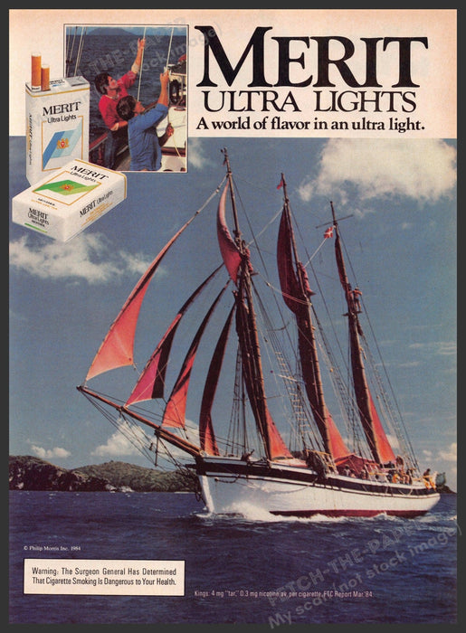Merit Ultra Lights 1980s Print Advertisement 1984 Sailboat Sails Water Fetch-the-Paper
