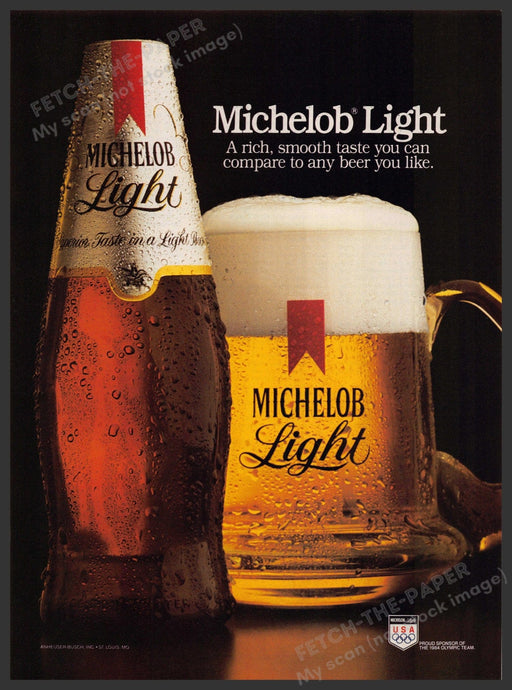 Michelob Light 1980s Print Advertisement 1984 Beer Bottle & Mug Fetch-the-Paper