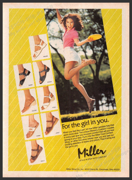 Miller Shoes 1980s Print Advertisement 1983 Legs Girl Jumping Frisbee Fetch-the-Paper