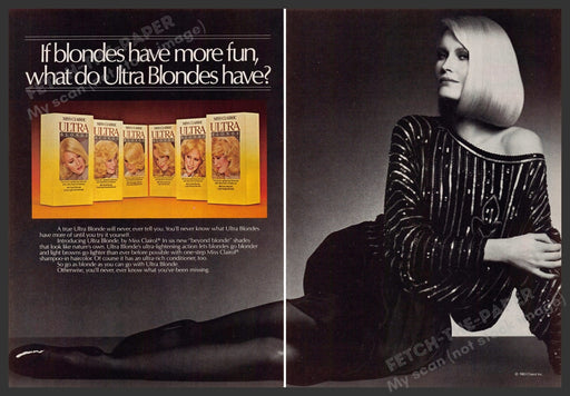 Miss Clairol Ultra Blonde 1980s Print Advertisement (2 page) 1983 Legs Fetch-the-Paper