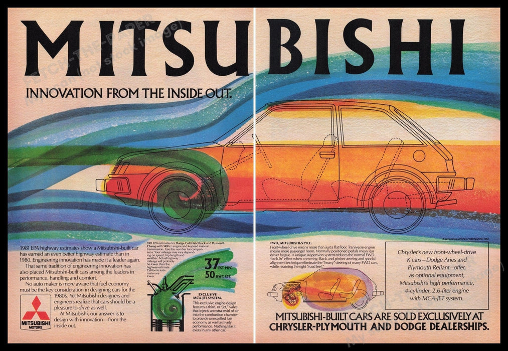 Mitsubishi Car 1980s Print Ad (2 pages) 1980 "Innovation from the inside out" Fetch the Paper!