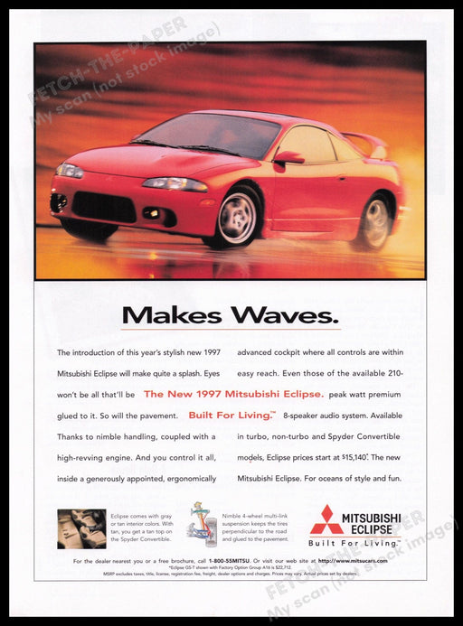 Mitsubishi Eclipse Car 1990s Print Advertisement Ad 1996 "Makes Waves" Fetch the Paper!