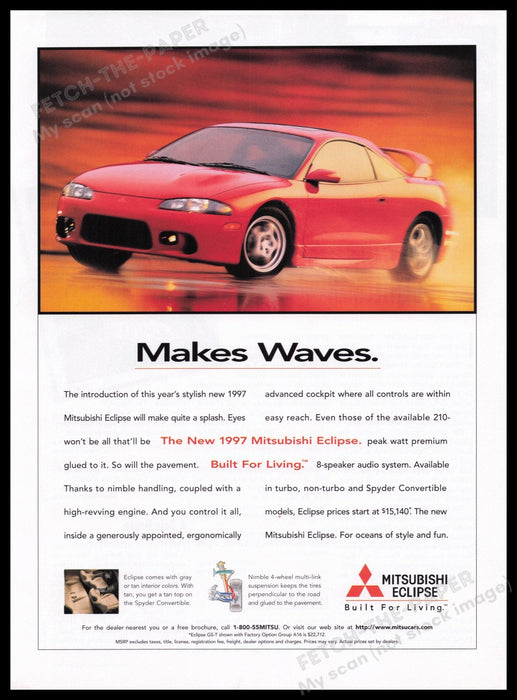 Mitsubishi Eclipse Car 1990s Print Advertisement Ad 1996 "Makes Waves" Fetch the Paper!