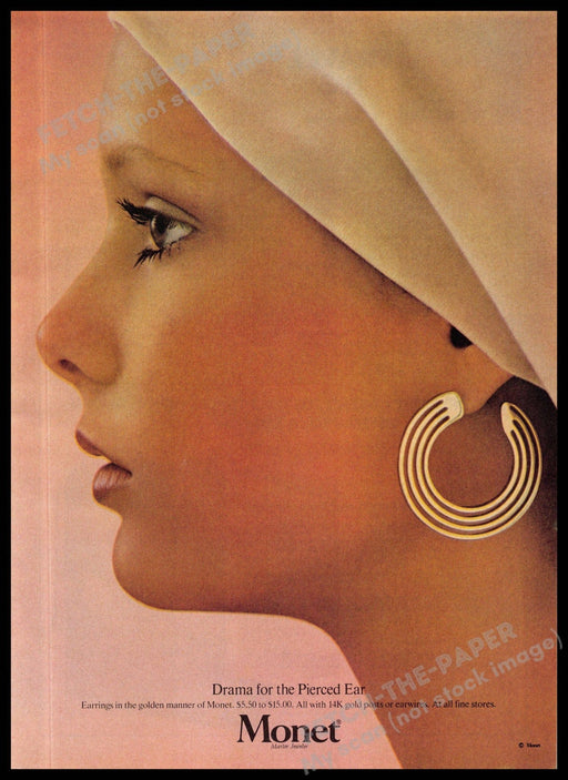 Monet 1970s Magazine Print Ad 1975 Earring Beautiful "Drama for the pierced ear" Monet