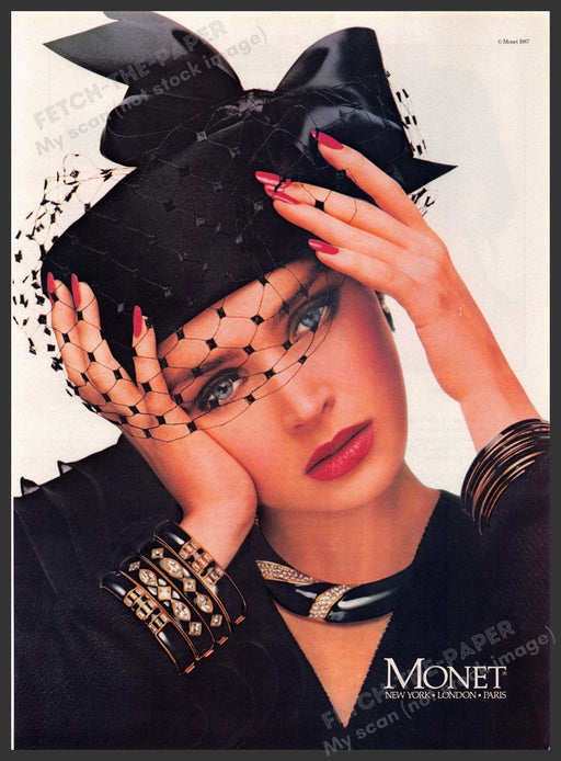 Monet 1980s Print Advertisement 1987 Jewelry Black Funeral Hat Monet