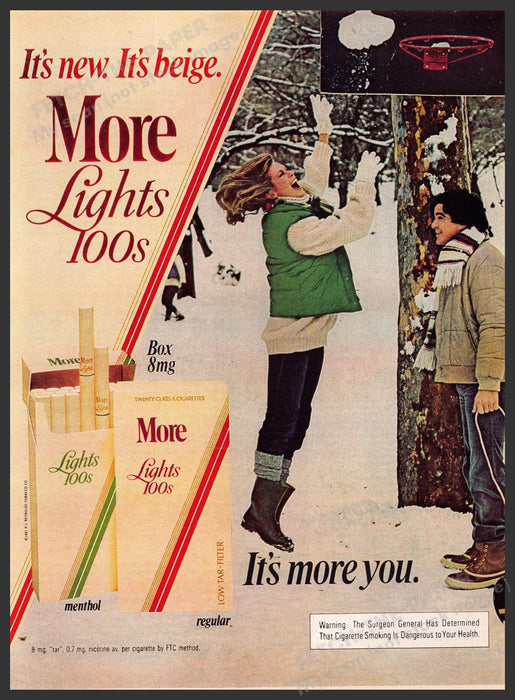 More Lights 100s 1980s Print Advertisement 1982 Couple Snow Basketball Fetch-the-Paper