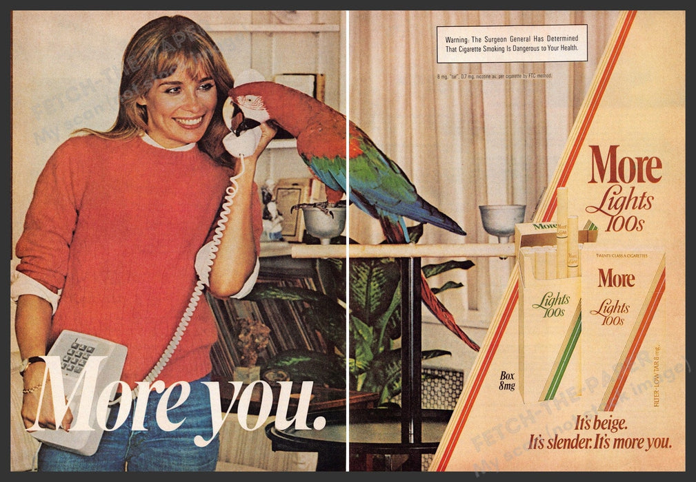 More Lights 100s 1980s Print Advertisement (2 pages) 1982 Macaw Parrot Telephone More Lights