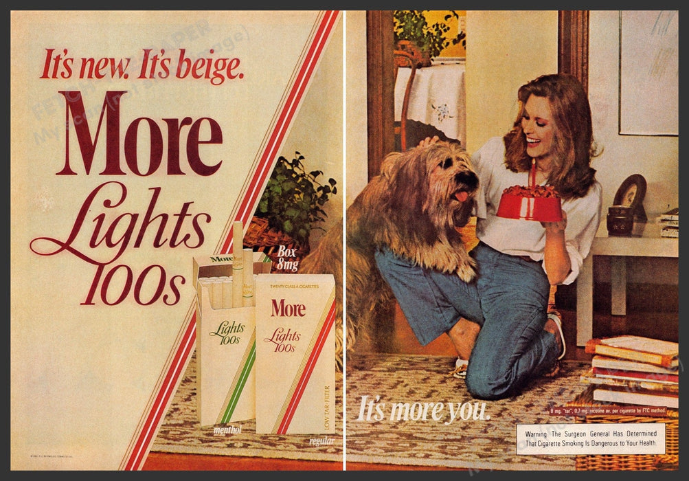 More Lights 100s 1980s Print Advertisement (2 pgs) 1981 Briard Dog Breen Woman Fetch-the-Paper