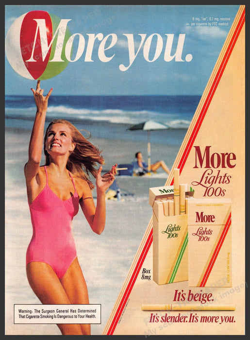 More Lights 100s Cigarettes 1980s Print Advertisement 1982 Girl Beachball Legs Fetch-the-Paper