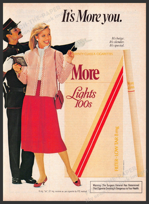 More Lights 100s Cigarettes 1980s Print Advertisement 1983 Officer Legs Fetch-the-Paper