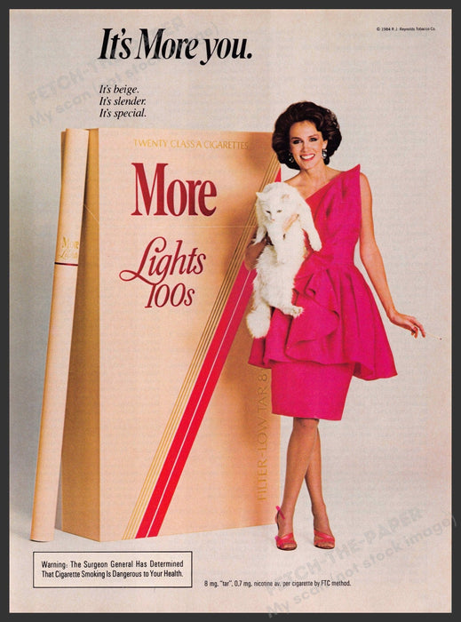 More Lights 100s Cigarettes 1980s Print Advertisement 1984 Legs White Cat Fetch-the-Paper