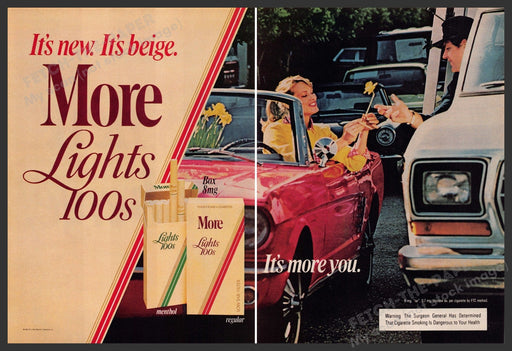 More Lights 100s Cigarettes 1980s Print Advertisement (2 page centerfold) 1981 Fetch-the-Paper