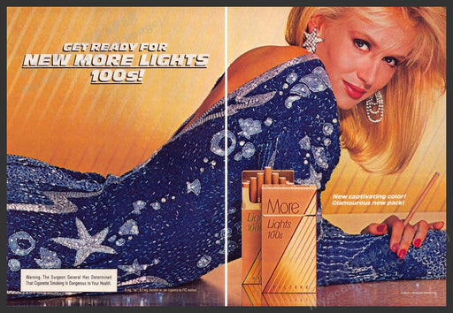 More Lights 100s Cigarettes 1980s Print Advertisement (2 pgs) 1984 Glamourous More Lights 100s