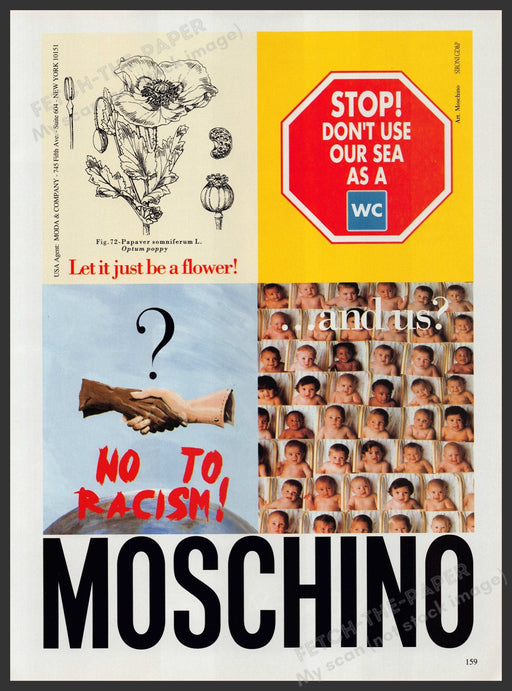 Moschino 1990s Print Advertisement Ad 1992 "No to racism" Fetch-the-Paper